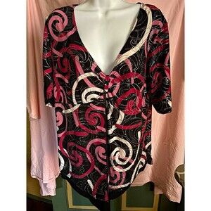 Tiffany 1X Black Pink Swirl Abstract Sparkle V Neck Tunic Top Made in USA